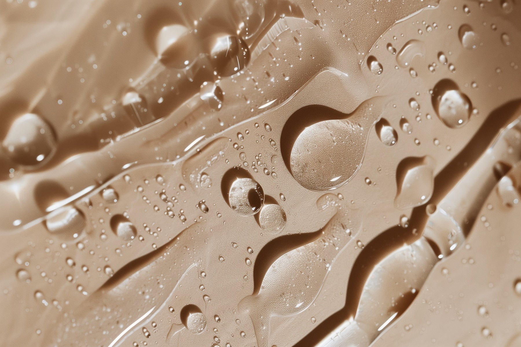 Close-up of glossy liquid texture with droplets and flowing patterns.