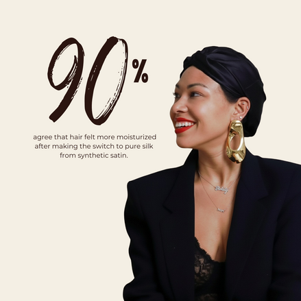 Woman wearing gold earrings with text about hair moisturization on a beige background