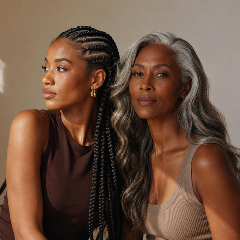 Two women sitting side by side against a neutral background
