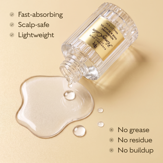 Bottle of hair product with droplets and text highlighting features on a beige background