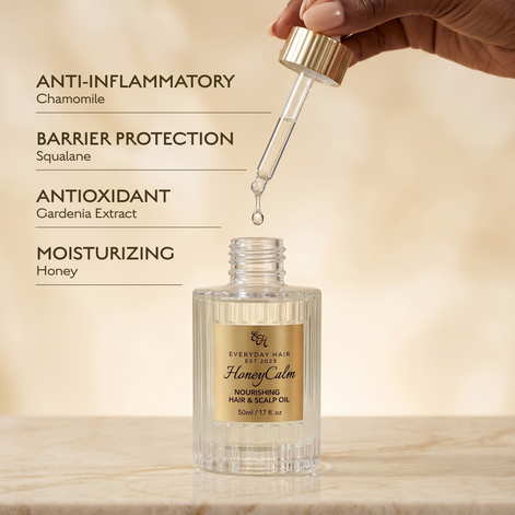 Bottle of 'Everyday Hair' Honey Calm Nourishing Hair & Scalp Oil with dropper and text highlighting ingredients.
