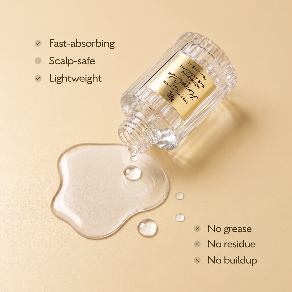 Bottle of scalp care product with text highlighting features on a beige background