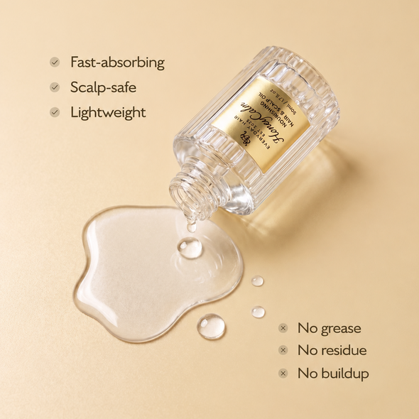 Bottle of scalp care product with text highlighting features on a beige background