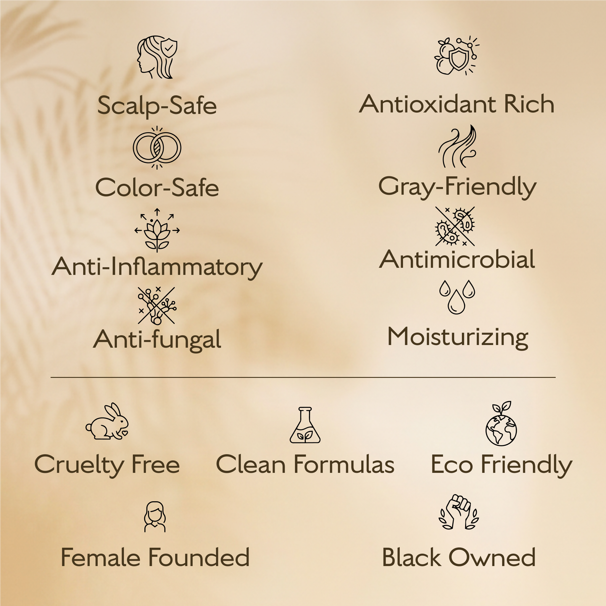 List of product attributes on a beige background with icons