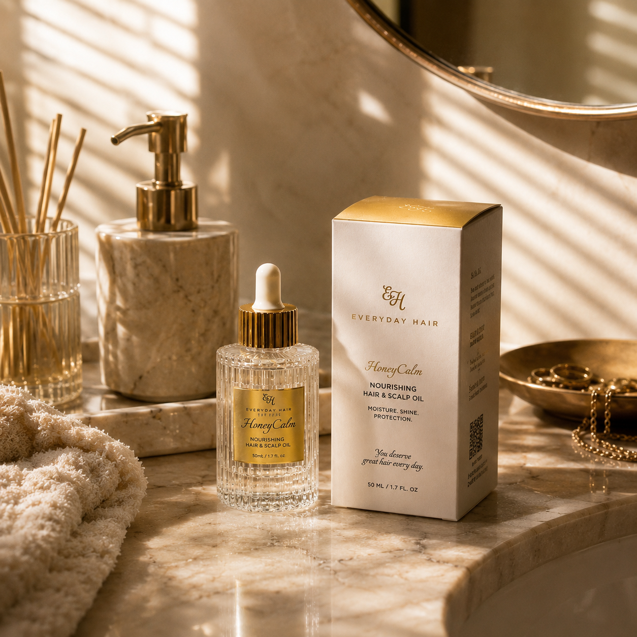 Nourishing hair and scalp oil with dropper and packaging on a marble surface.