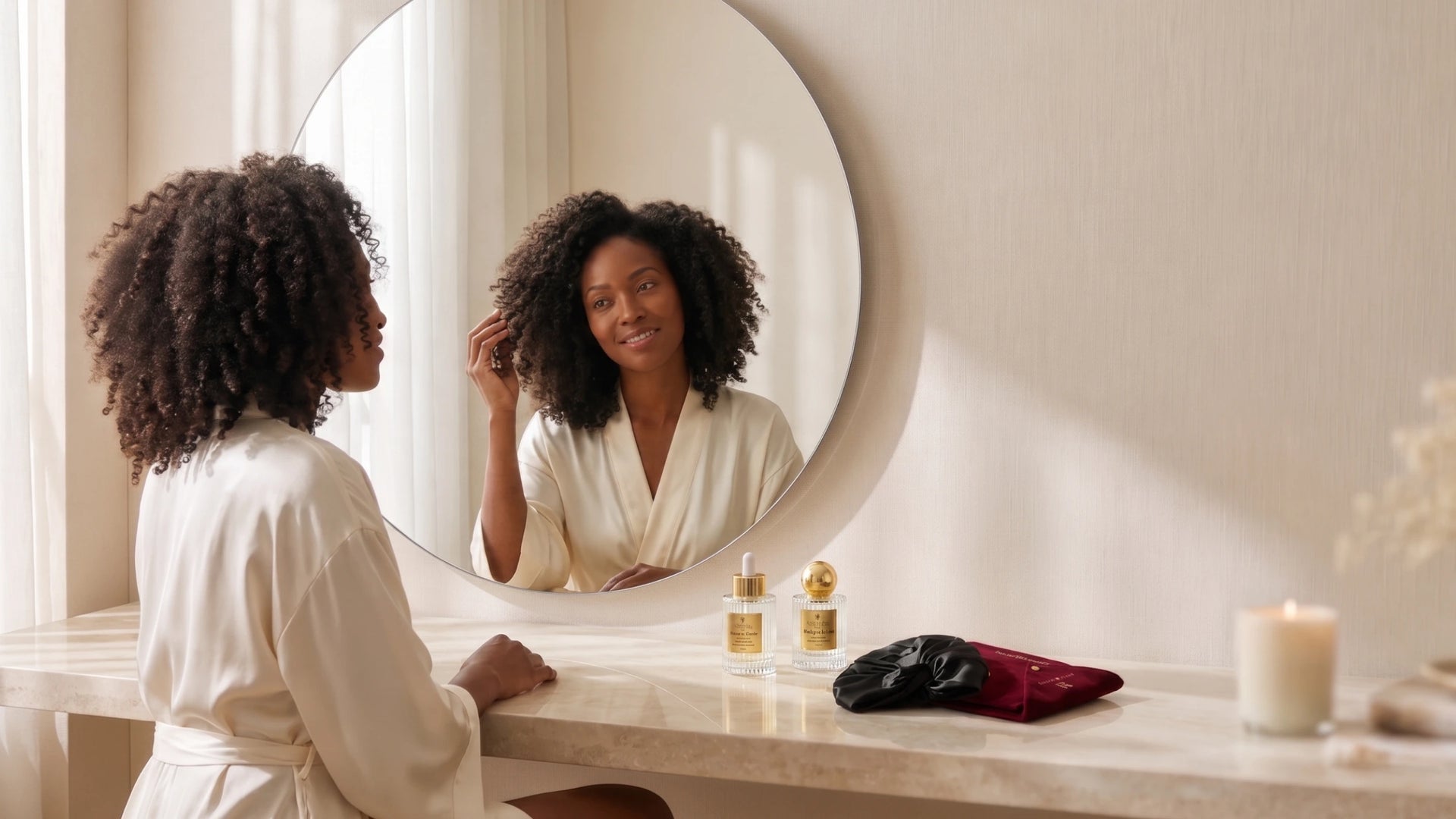 Woman with curly hair looking in a mirror and caring for her hair; skincare products placed on the table.